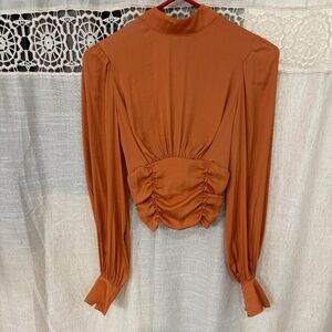 Free People Woman’s Bell Sleeve High Collar Open Back Top Orange Size XS